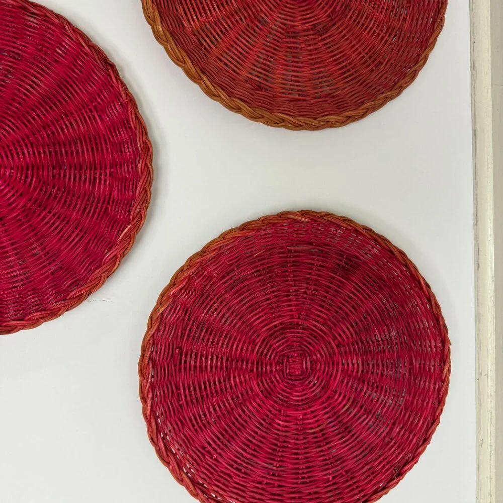 4 Vintage Red / Pink Wicker Rattan Woven Natural Plate Basket Boho Wall Decor